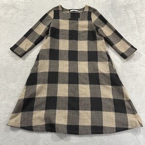 Lokapala Maxi Dress Women Large Long Sleeve Beige Black Plaid 100% Wool